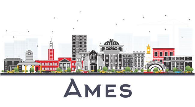 Illustration of Ames skyline featuring prominent buildings and landmarks, with "Ames" written at the bottom.
